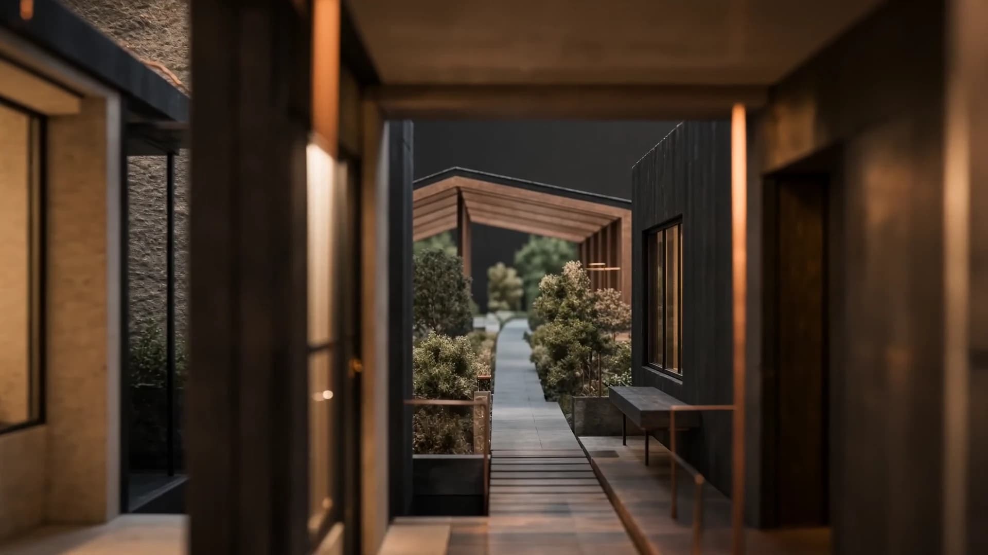 An illuminated architectural passage connecting private spaces within the community model