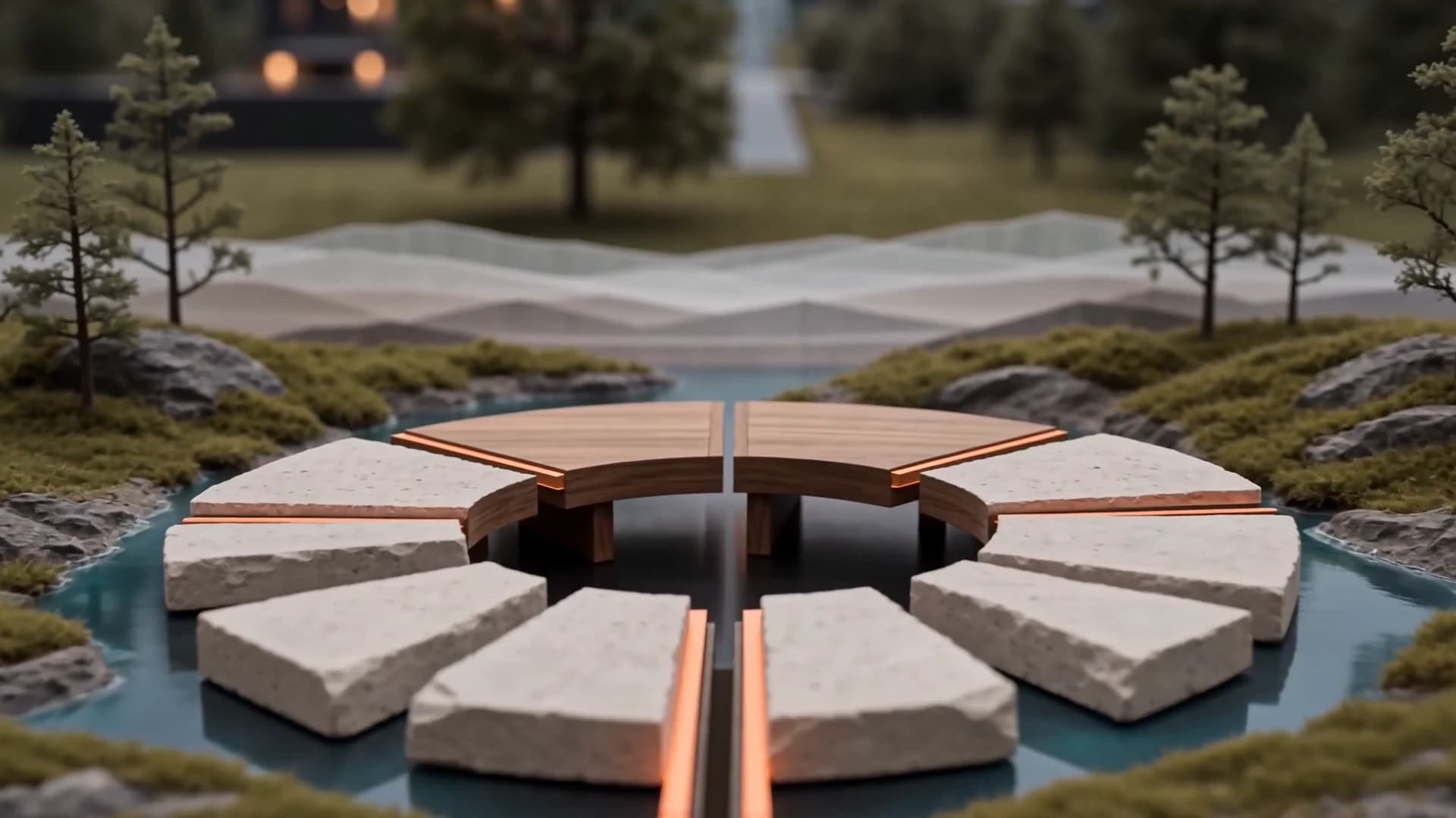A circular arrangement of distinct stone and timber forms surrounded by water and landscape