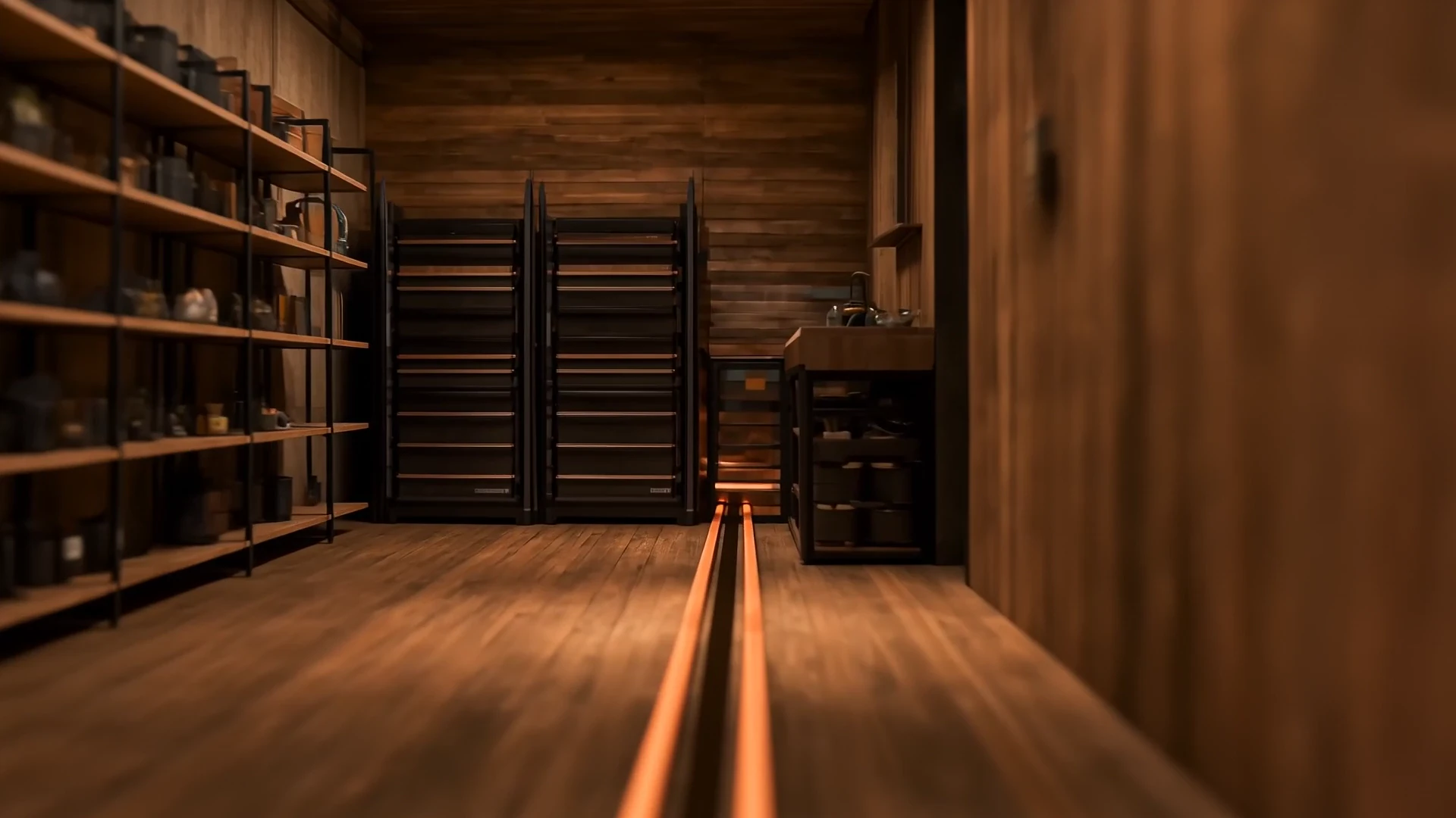A warm model workshop with organized storage and a continuous illuminated line running through it