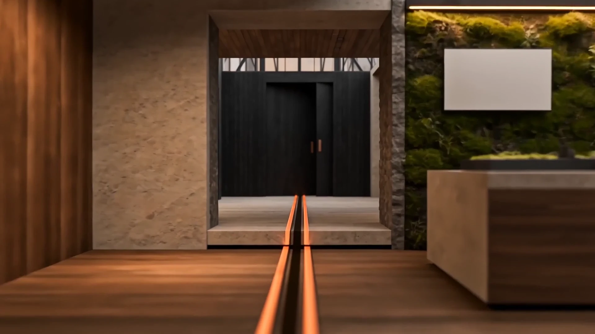 A warm architectural threshold leading toward a shared central space