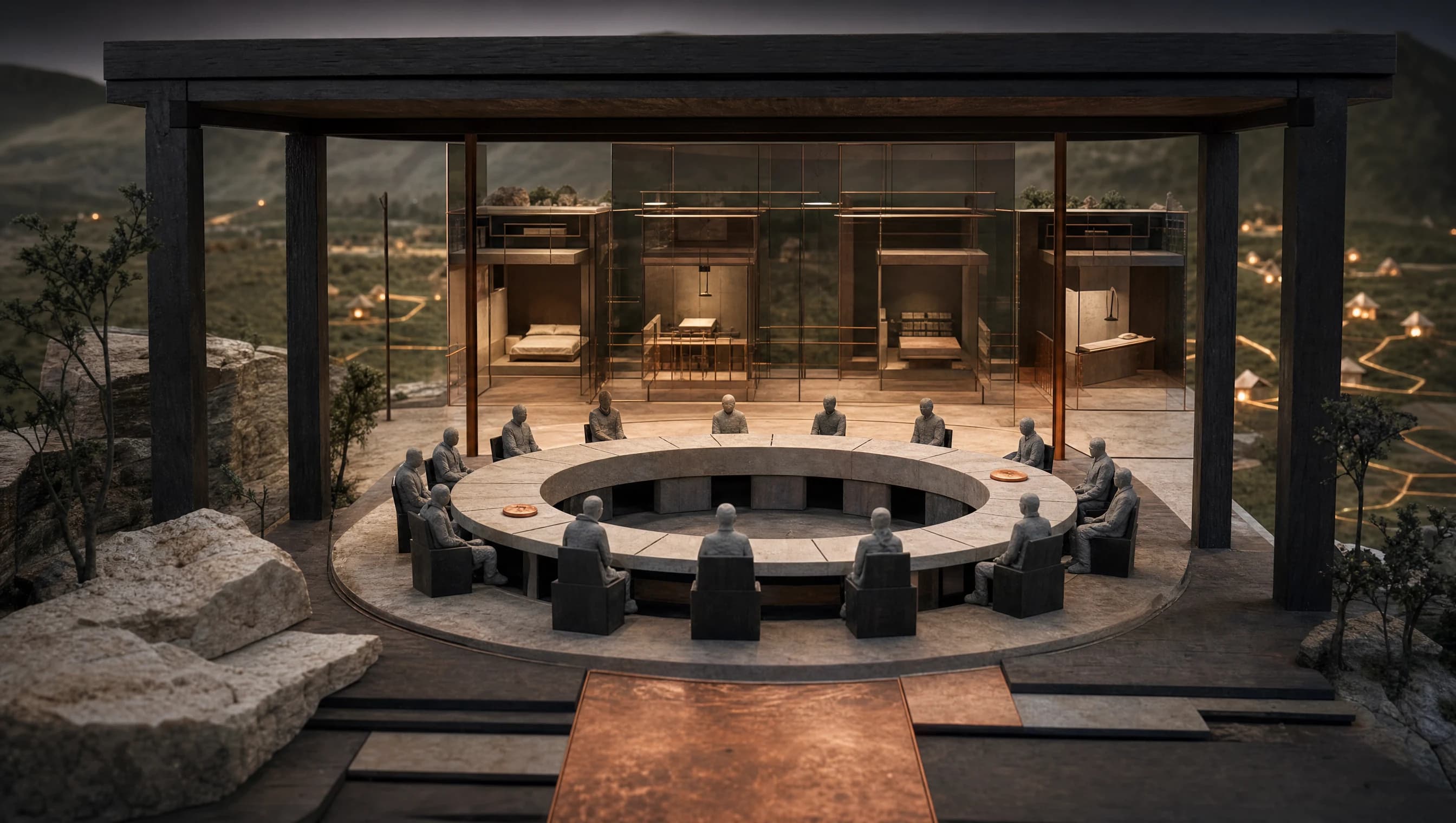 An open circular governance table within a transparent architectural pavilion