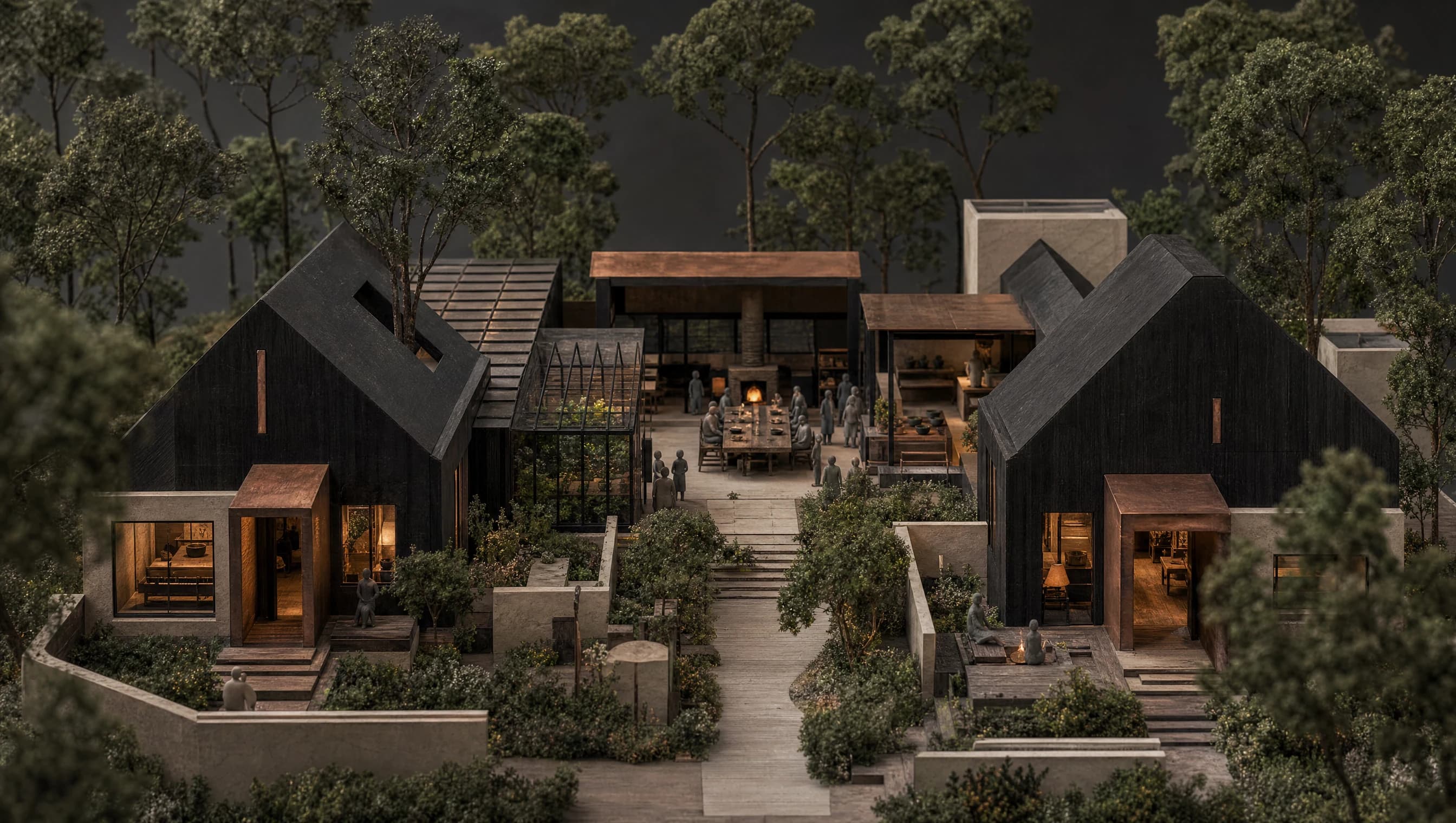 A detailed model of private homes arranged around a landscaped common courtyard and communal dining space